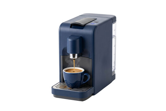 Modern navy blue pod espresso capsule coffee machine dispensing hot espresso into matching blue ceramic cup, steam rising, minimalist design.