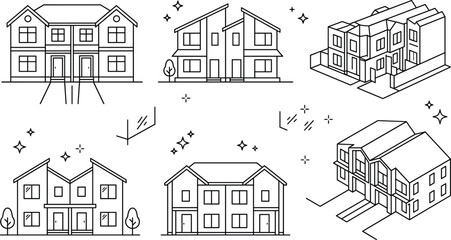 Obraz premium Duplex And Townhouse Architecture Line Icon Set With Isometric Real Estate Building Symbols For Web