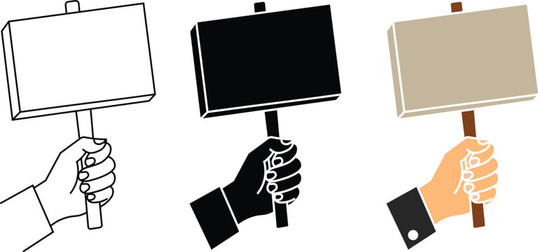 Hand holding blank protest sign icon set demonstration placard and strike banner vector illustration in outline silhouette and color styles