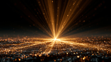 Fototapeta premium Luxury Gold Light Beam Radiating from Dark Ground with Glitter Particles