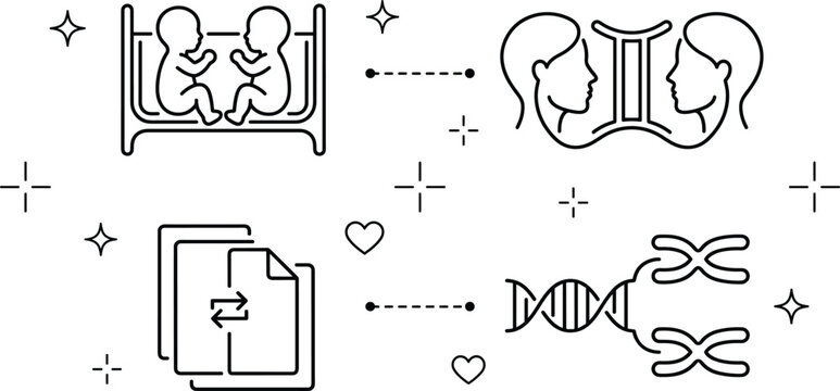 Gemini Astrology And Cloning Twins Line Icon Set With DNA Replication File Duplication Sparkle Symbols