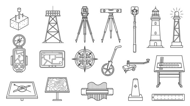 Collection of Surveying and Navigation Instruments: An illustrative set of tools used for surveying, navigation, and drafting, including compasses, tripods, lighthouses, and a drafting table.
