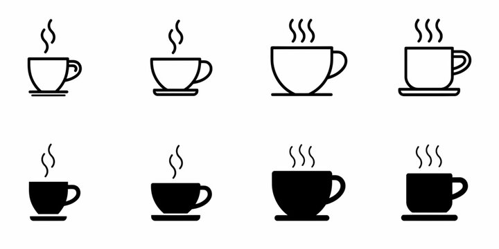Hot Coffee Cup Icon Set: Minimalist Caf&eacute; Mug Steam Vector Graphic