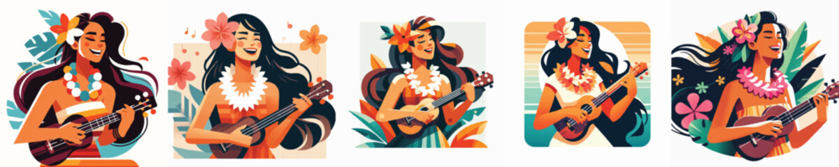 Vector of a Hawaiian woman playing a ukulele © FirdianKrisna
