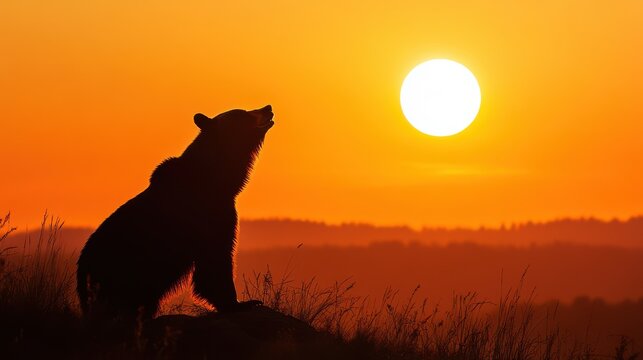 Silhouette of a bear against the vibrant sunset sky