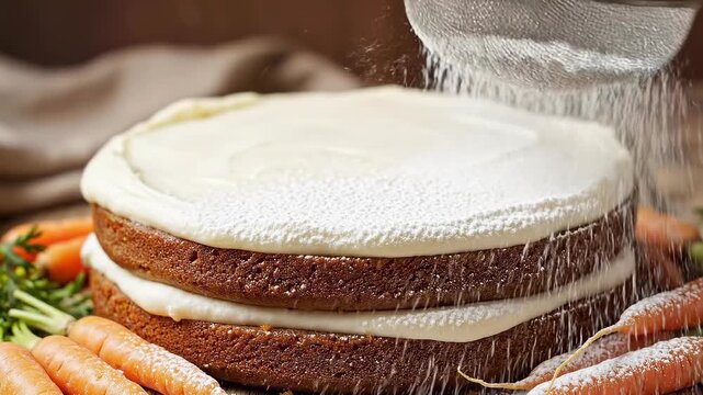 Sifting powdered sugar over a freshly baked layered carrot cake
