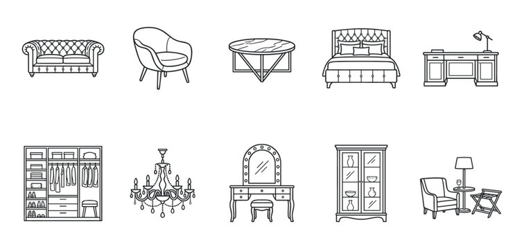 Classic furniture outline icons with elegant sofa armchair and vanity desk.