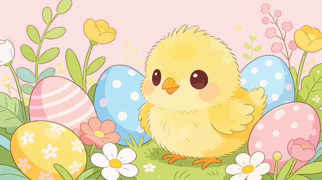 Cute Easter Chick Illustration with Colorful Eggs, Flowers and Pastel Spring Garden