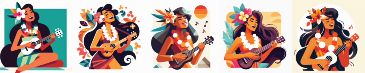 Vector of a Hawaiian woman playing a ukulele © FirdianKrisna