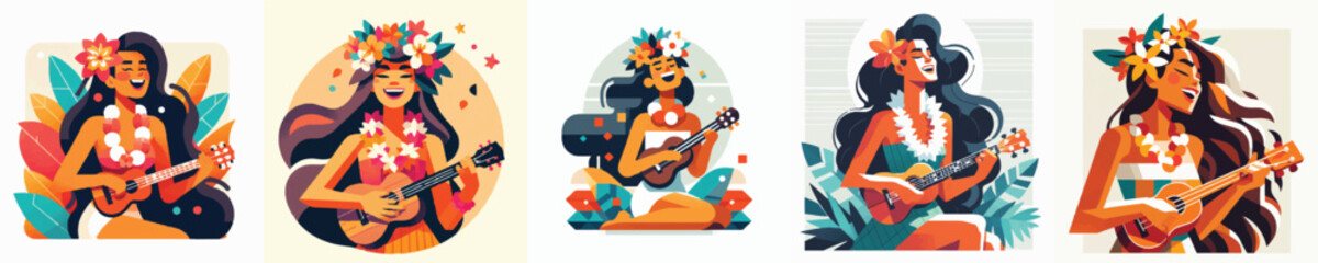 Vector of a Hawaiian woman playing a ukulele © FirdianKrisna