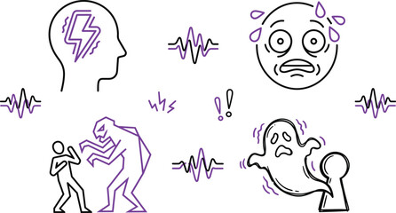 Fototapeta premium Panic Attack and Mental Anxiety Icon Set for Psychological Fear Stress Disorder Health Awareness Designs