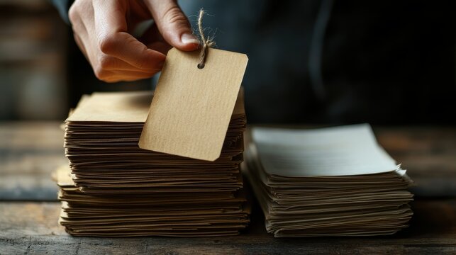Person holding a price tag over stacked brown paper products