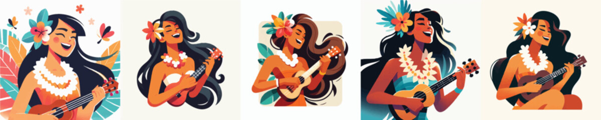 Vector of a Hawaiian woman playing a ukulele © FirdianKrisna