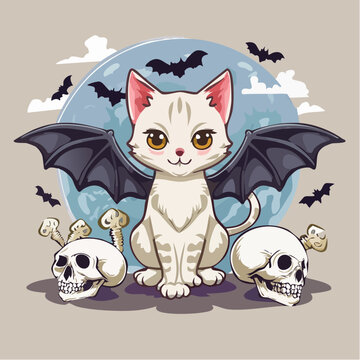 Cute Cat with Bat Wings and Skulls