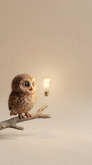 Obraz premium Cute baby owl looking at glowing light bulb on minimalist background idea concept