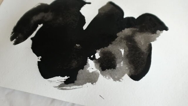 close-up shot capturing a hand using a round mop brush to create a bold, abstract ink painting on textured white paper, it absorbs the ink, showcasing realistic bleeding and dry brush strokes. 