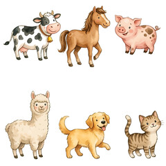 Fototapeta premium Cute cartoon collection of farm and zoo animals including dog cat cow horse pig goat sheep elephant lion tiger and puppy vector illustration set
