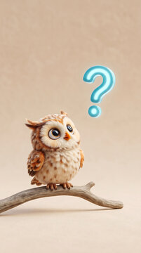 Cute Baby Owl Looking at Floating Question Mark on Beige Background Banner Design
