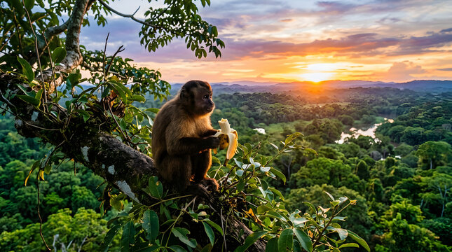 monkey chilling above the tallest tree in forest
