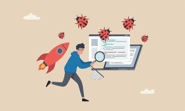 Programmin concept, coder or software tester running from computer laptop using debugging tools to catch ladybugs