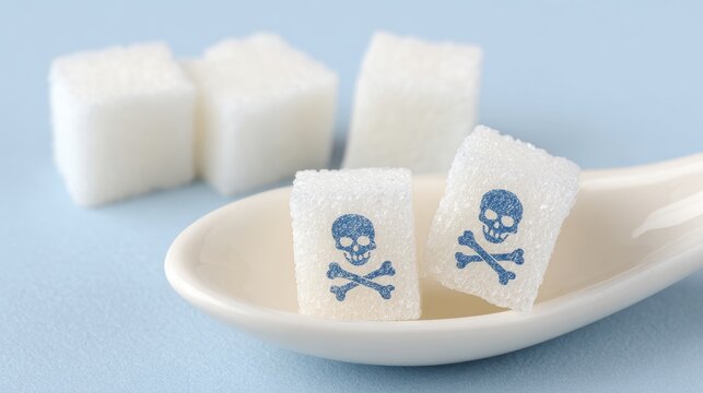 Sugar Cubes with Skull Symbol on White Spoon Representing Health Risk, Danger, Toxicity, Unhealthy Diet, Excessive Sweetener Consumption, Nutrition Warning and Food Safety Concept