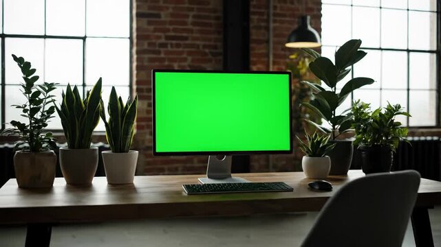 A modern desk features a monitor with a green screen, keyboard, and mouse. Various potted plants add a touch of nature to the workspace. The backdrop reveals a brick wall and window
