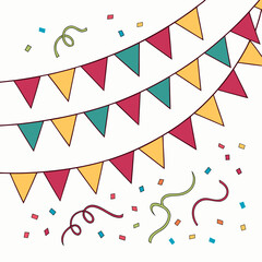 Obraz premium Festive hanging flags and colorful confetti party.