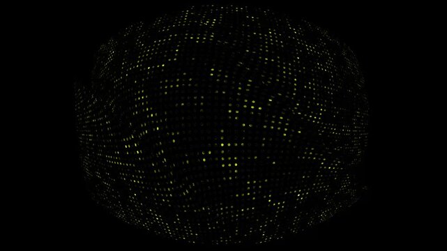 Abstract digital sphere made of glowing yellow particles and binary code data stream, futuristic technology concept, 3d rendering on black background