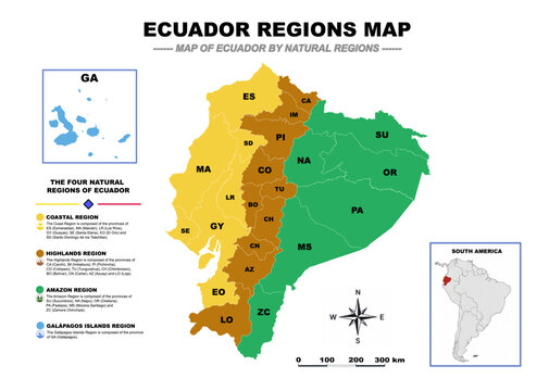 Ecuador Regional Geography Map, Educational Vector Map of Costa Sierra Oriente and Galapagos Regions
