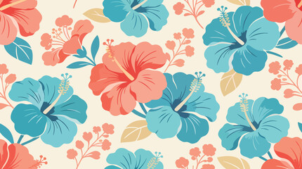 Seamless Hibiscus Floral Pattern, Salmon and Blue Tropical Flower Vector Background © Myint