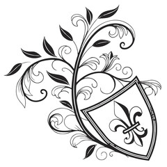 Royal fleur de lis shield with botanical scrolls. © josefuna11