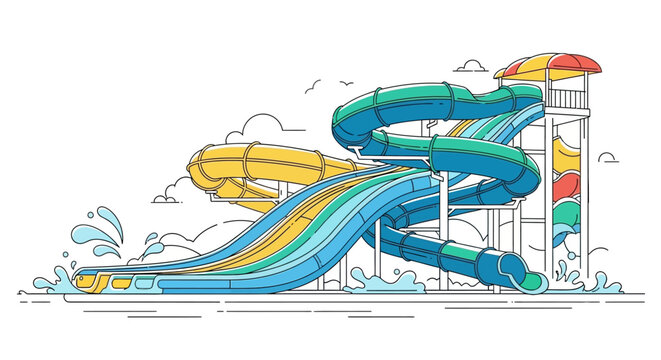 Vibrant Water Slide Complex at Amusement Park with Splashing Water
