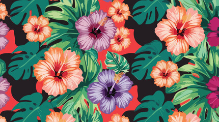 Seamless Tropical Hibiscus Flower Pattern with Monstera Leaves on Vibrant Red Background © Myint