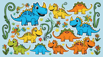 Set of Cute Colorful Dinosaur Stickers with Triceratops Stegosaurus and Jungle Ferns © Myint