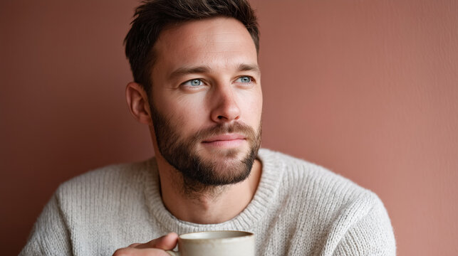 Thoughtful handsome man with a beard holding a cup of coffee and looking away while wearing a cozy knitted sweater on a terracotta background.