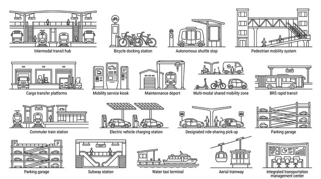 Urban Mobility Solutions: A comprehensive collection of line art illustrations depicting various urban transportation and mobility services, showcasing modern and efficient ways to navigate cities.