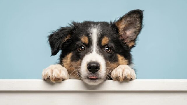 Cute border collie puppy peeking over white table and showing tongue. Adorable fluffy young dog looking at camera on blue background. Pet care and animal copy space concept