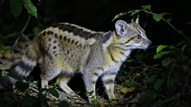 A nocturnal wild cat with striking striped pattern amidst lush green foliage