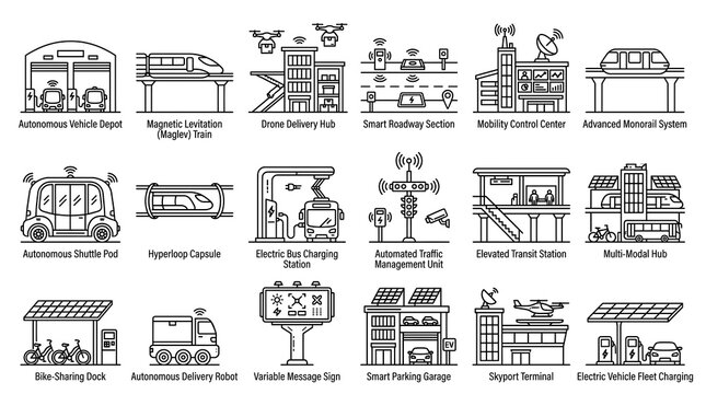 Future of Mobility Icons: A collection of clean, modern line-art icons depicting various aspects of future urban transportation systems, including autonomous vehicles, drone delivery.