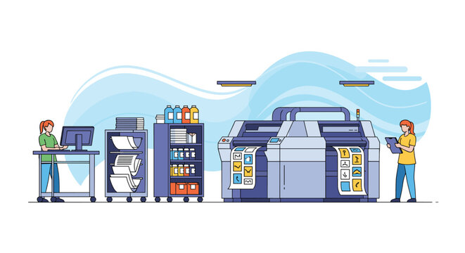 Print shop operators working with large format digital plotter and printer equipment in blue theme office.