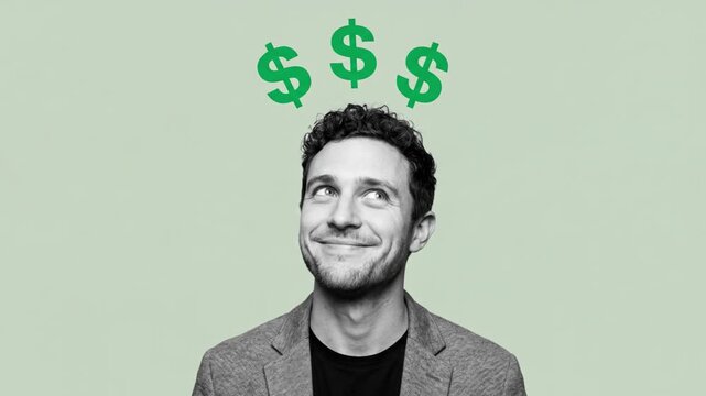 Young man looking up at animated green dollar signs. Smiling male thinking about money and financial success. Wealth and investment concept