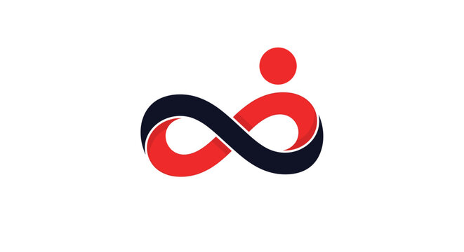 Creative infinity symbol business logo featuring red and black color loop with abstract human head icon on top.