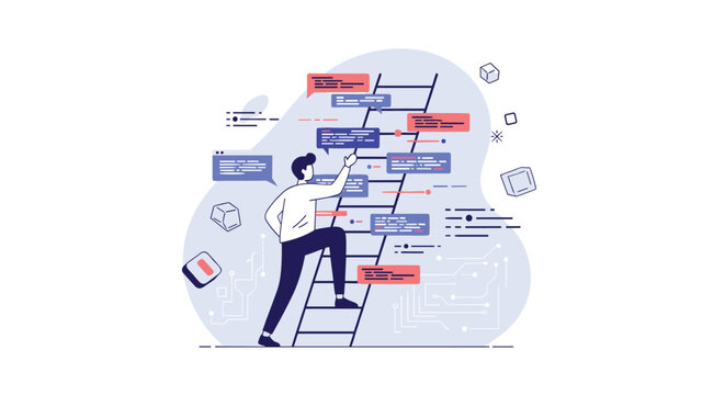 Web programmer climbing ladder to write digital code blocks with cloud space computing in abstract theme.