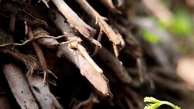 Macro footage of dry bamboo root tips focusing on the detailed organic fiber surface and structure.
