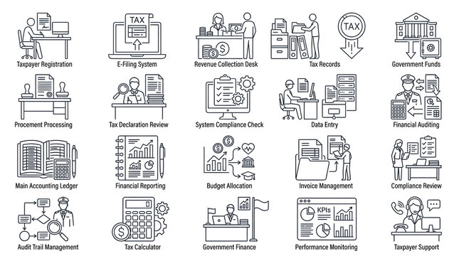 Taxation and Finance Icons: A collection of line art icons representing various aspects of taxation, finance, and government operations, including taxpayer registration, e-filing, financial auditing.