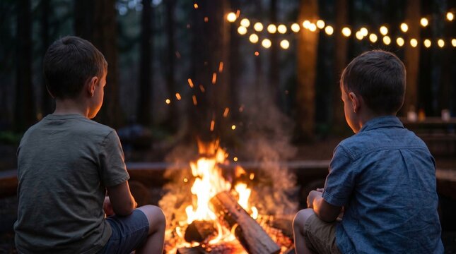  Zwei kleine Jungen sitzen nachts an einem gem&uuml;tlichen Lagerfeuer im Wald, Ferienlager Atmosph&auml;re mit Lichterkette im Hintergrund