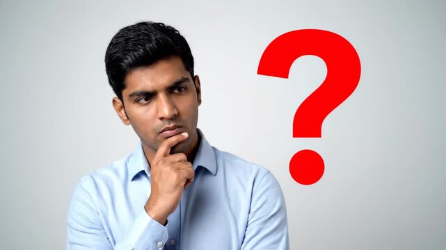 A man ponders with a red question mark on the right