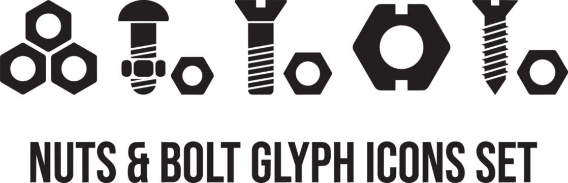 Industrial nuts and bolt glyph icons set, black hardware fasteners vector collection, metal screw and hex nut symbols for construction