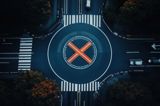 Overhead view of a city roundabout with cars, crosswalks and a bold orange x in the center at night.