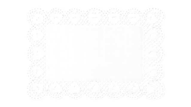 Rectangular white paper doily with intricate lace border and scalloped edges isolated on a white background, featuring a delicate filigree pattern for table settings and crafts